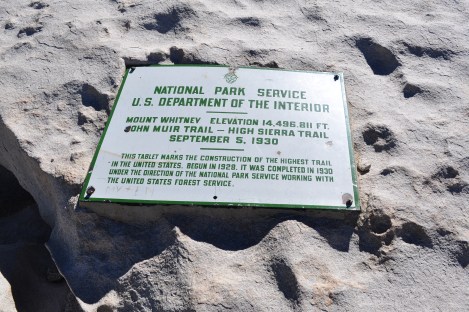 A sign bolted to the summit. Elevation technology has gotten more accurate and the most recent summit elevation is either 14,508 or 14,505 depending on who you ask